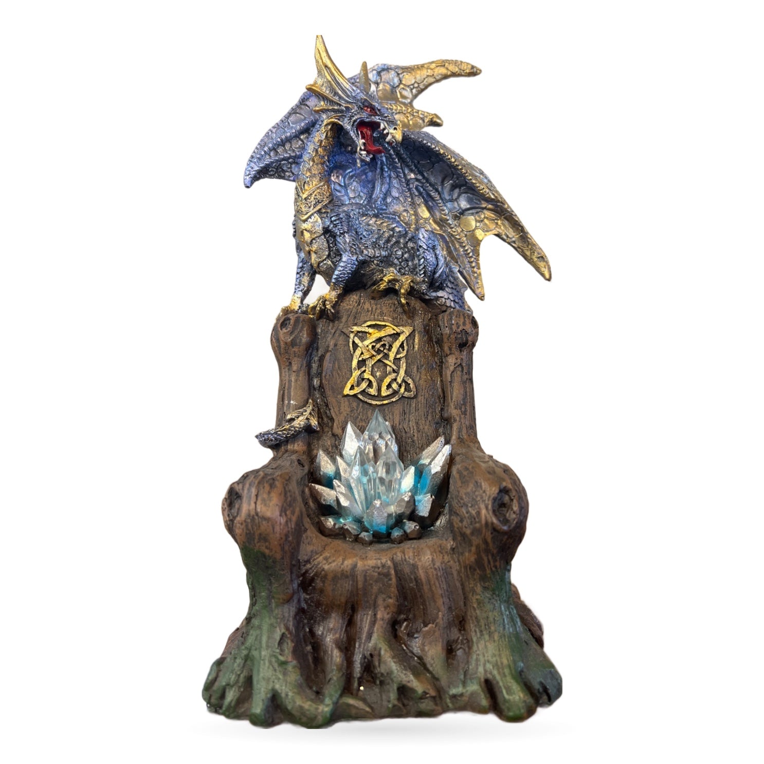 Blue and gold dragon figurine perched on wooden throne base with crystal cluster and Celtic symbol