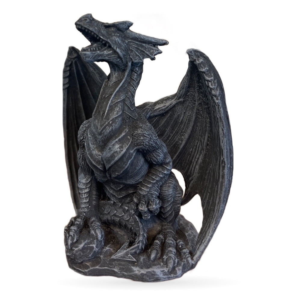Dark grey stone dragon figurine with spread wings, detailed scales, and outstretched head in fantasy style