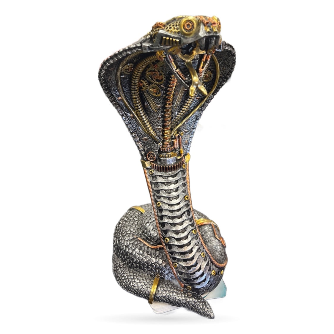 Steampunk snake sculpture with metallic brass, copper and silver finish, intricate mechanical gears and details