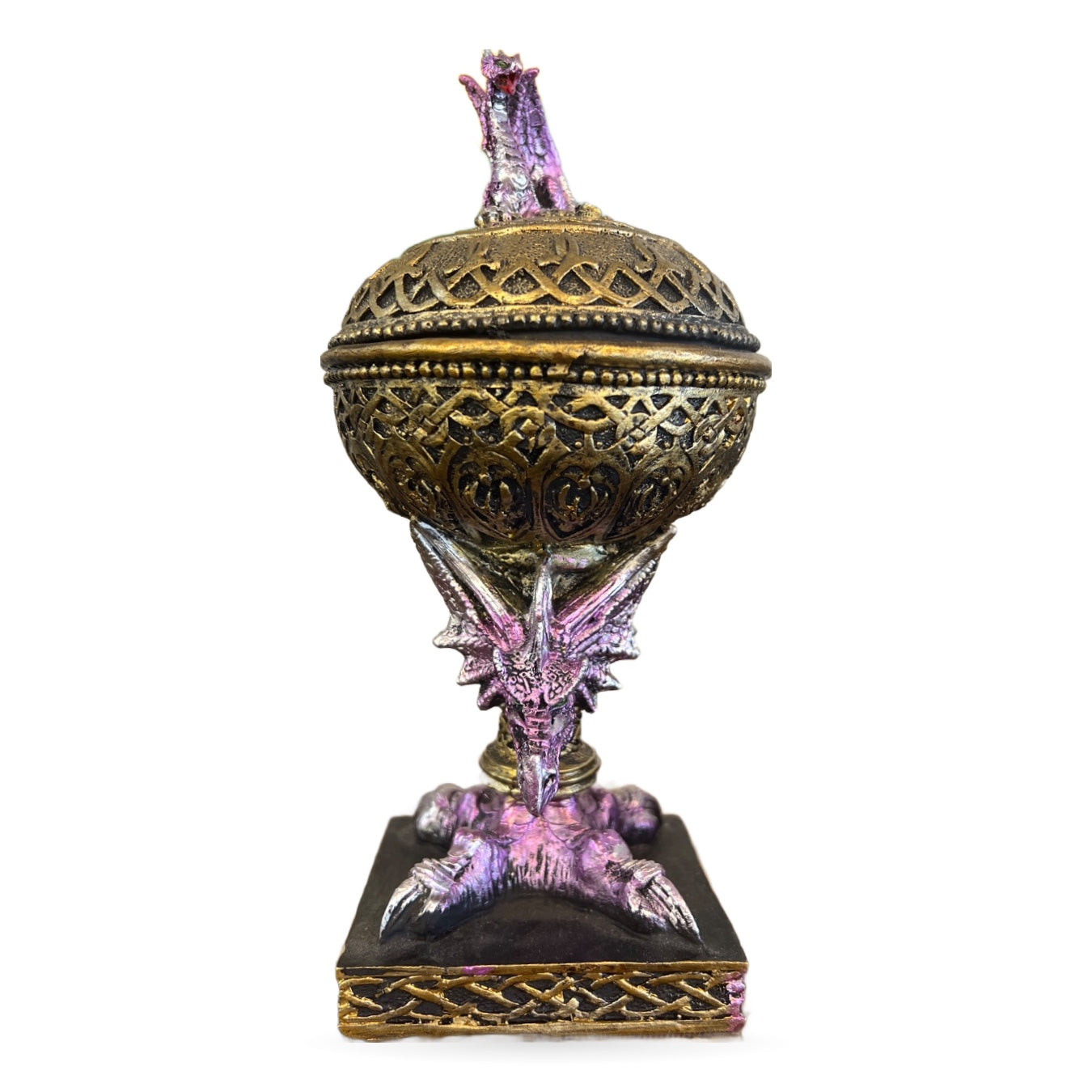 Purple dragon trinket box with ornate brass sphere and decorative base
