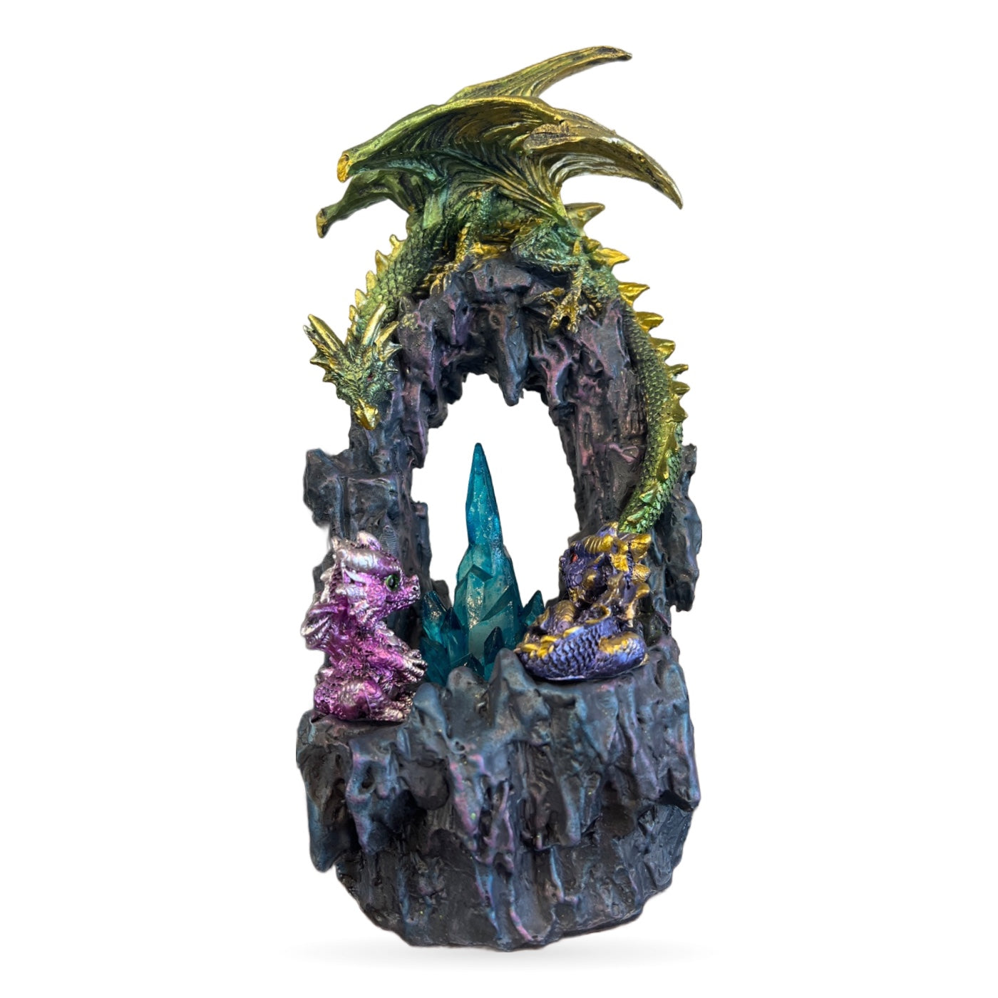 Green and gold dragon figurine perched above dark stone archway with purple crystals and glowing teal crystal center