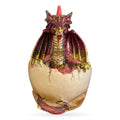 Red and gold dragon emerging from cream-colored egg with pink horn and spread wings