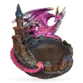 Purple dragon gem holder with pink metallic scales perched on castle ruins base with tower
