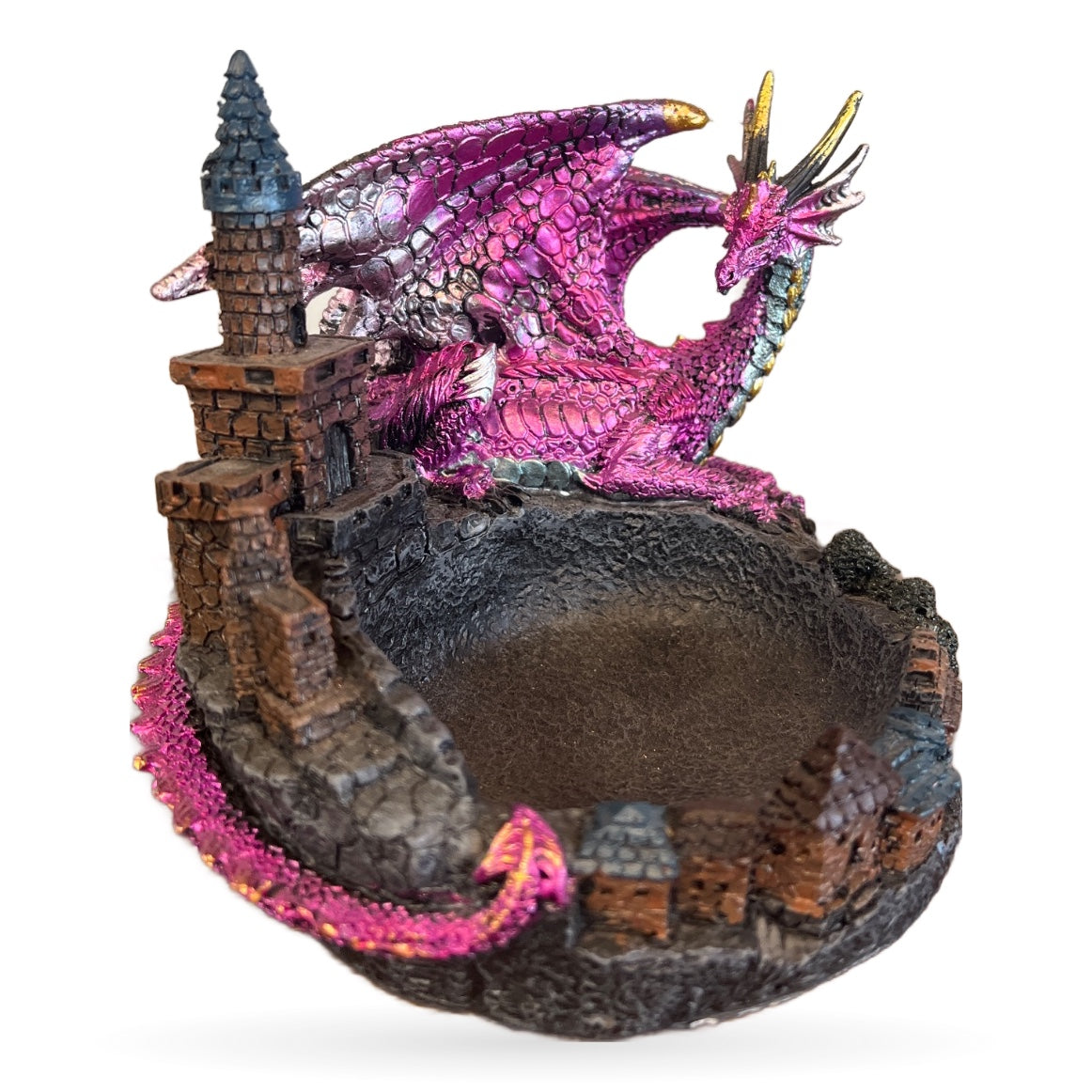 Purple dragon gem holder with pink metallic scales perched on castle ruins base with tower