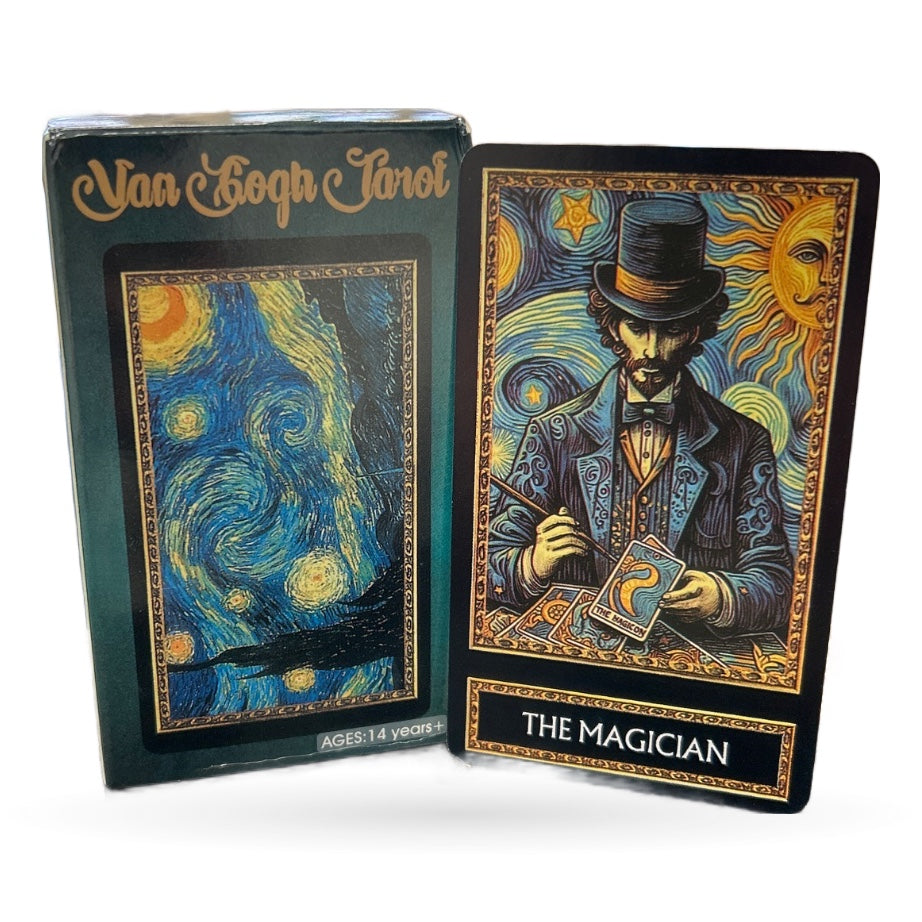 Van Gogh Tarot deck showing teal box with Starry Night artwork and The Magician card