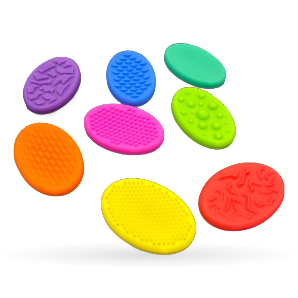 Seven colorful oval silicone sensory stones in purple, orange, blue, pink, green, yellow, and red with various embossed textures