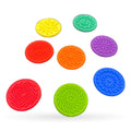 Eight colorful silicone sensory stones in various colors with embossed patterns