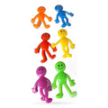 Six colorful stretchy fidget toy figures in orange, blue, red, yellow, purple and green with smiling faces