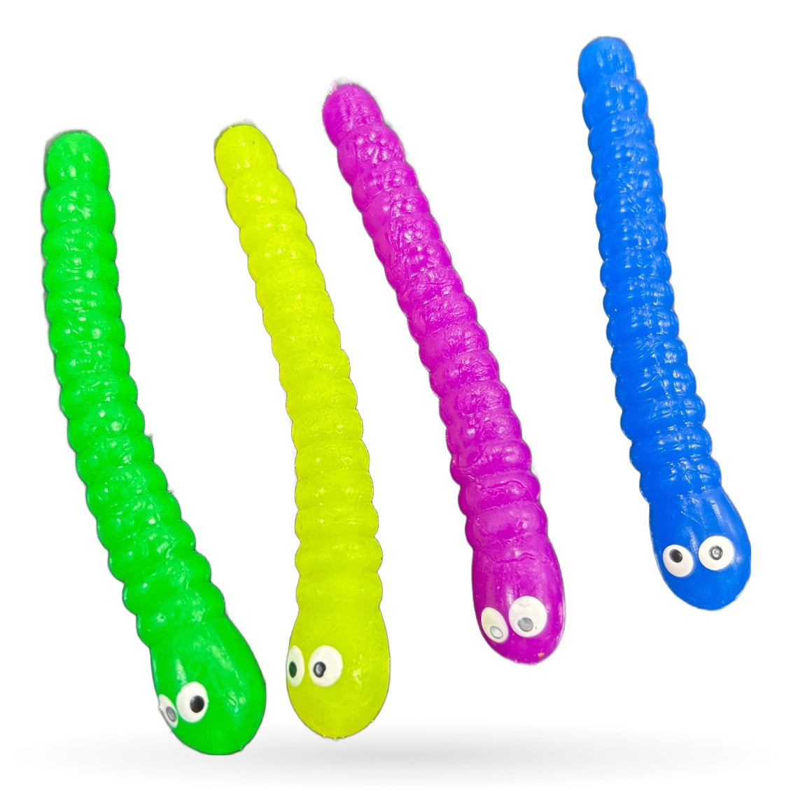 Four colorful stretchy caterpillar fidgets in green, yellow, pink, and blue with googly eyes