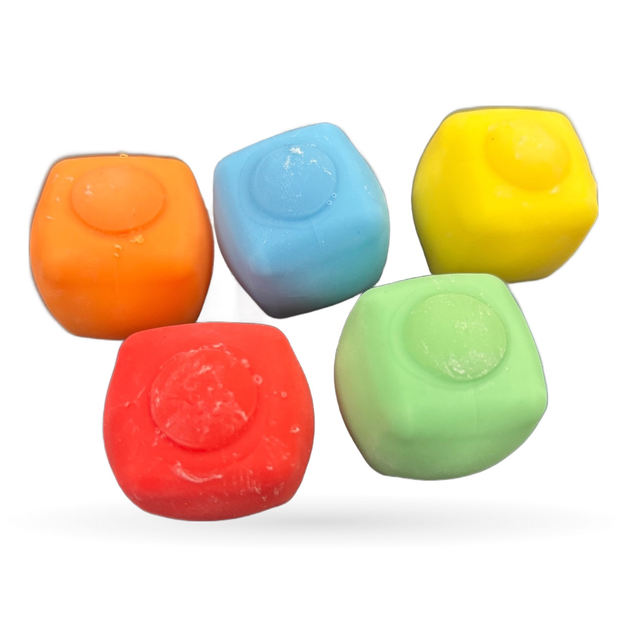 Five colorful square fidget cubes in orange, blue, red, yellow, and green arranged on white background