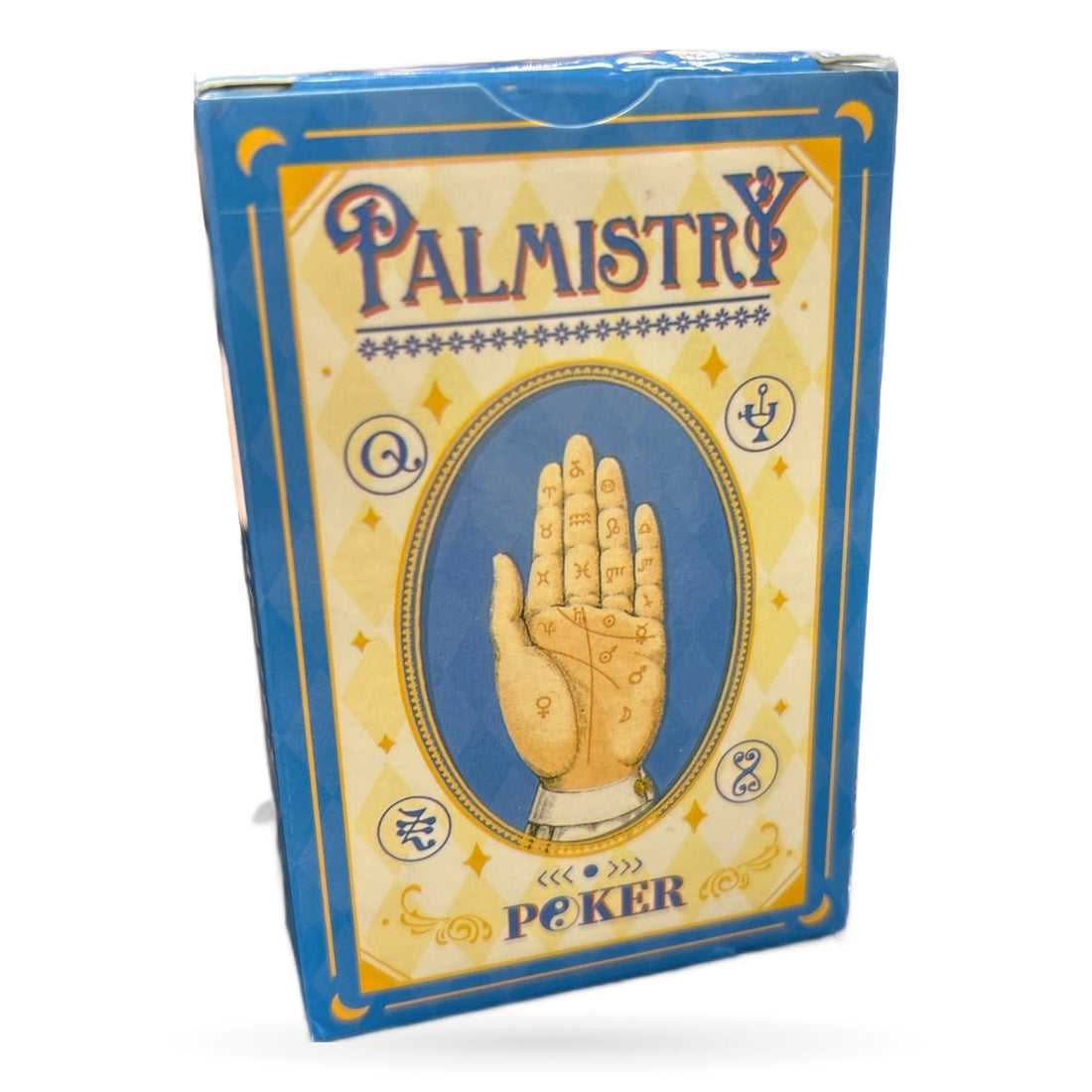 Palmistry Poker card deck box featuring illustrated palm reading hand with zodiac symbols