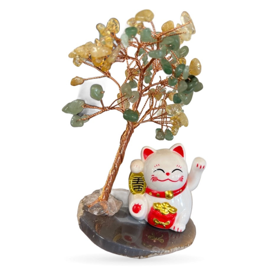 Citrine and aventurine money tree with lucky cat figurine on dark agate base