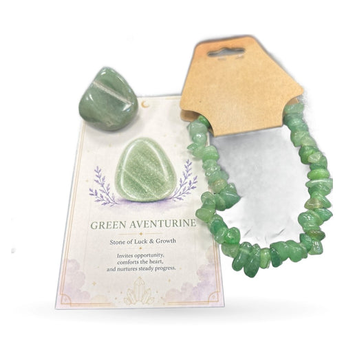 Green aventurine tumble stone, chip bracelet, and informational card describing the stone's properties