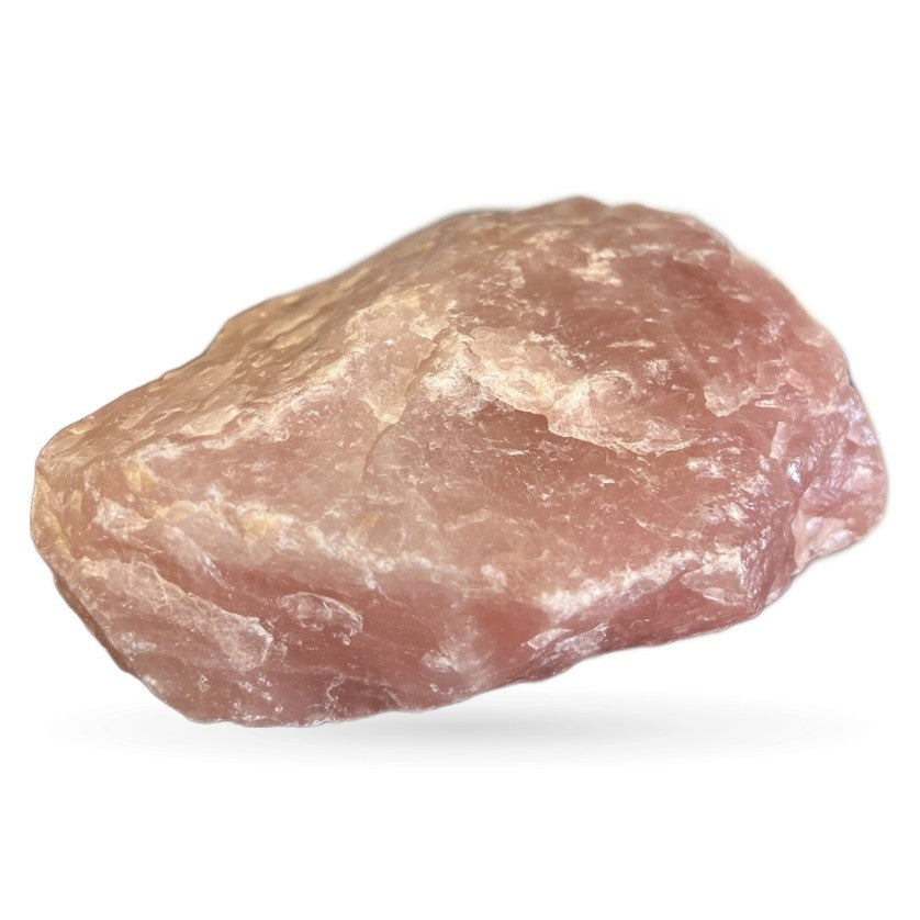 Raw rose quartz chunk specimen, 944g, displaying natural pink and translucent coloring with rough crystalline surface