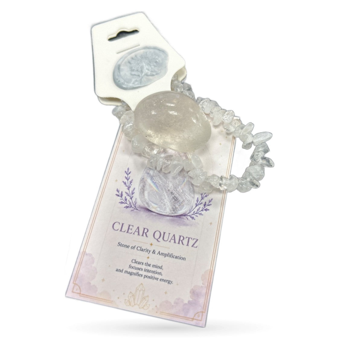 Clear quartz tumble stone and chip beaded bracelet set with informational card tag against white background