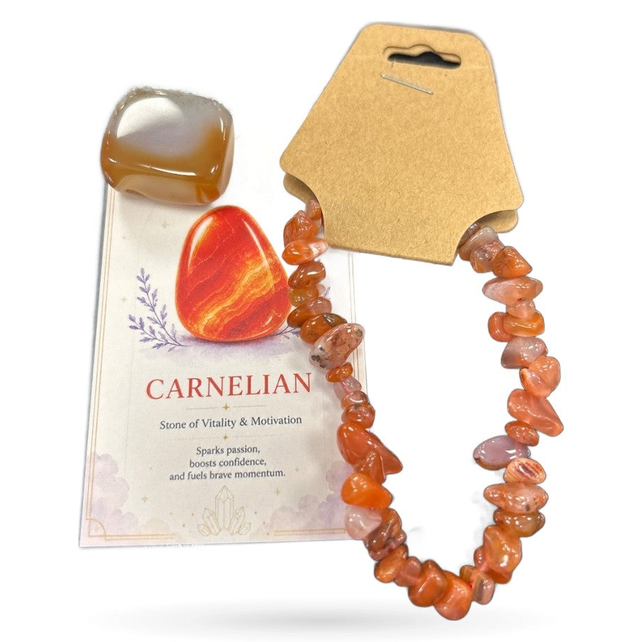 Carnelian tumble stone, chip bracelet, and informational card with amber cap displayed together