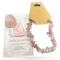 Rose Quartz tumble stones and chip bracelet set with educational card on gold hang tag