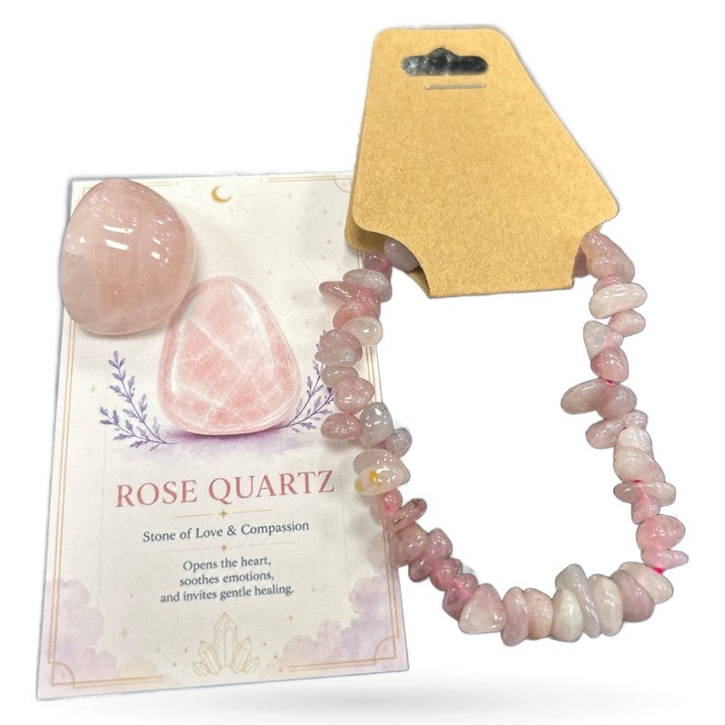 Rose Quartz tumble stones and chip bracelet set with educational card on gold hang tag