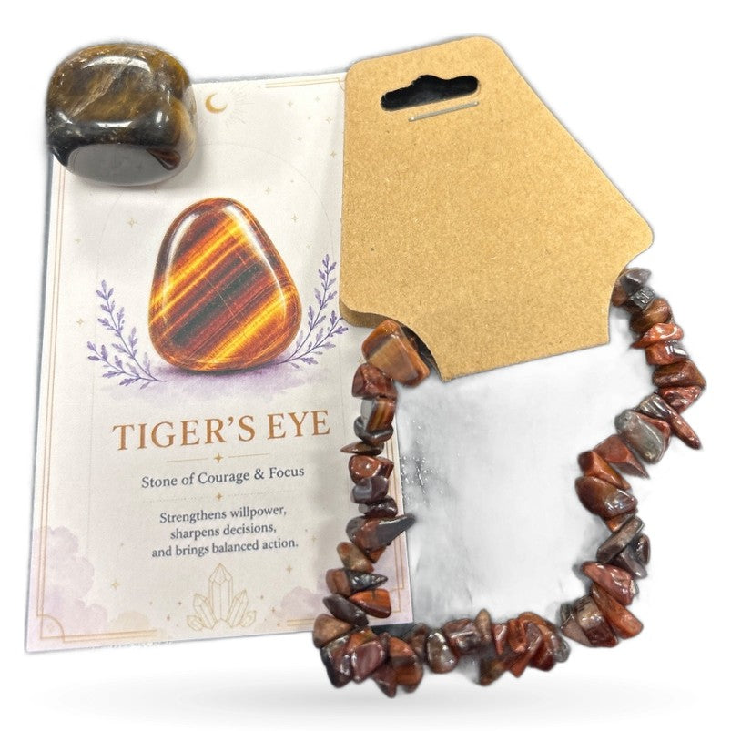 Tiger's Eye tumbled stone, chip bracelet, and informational card on kraft packaging
