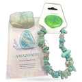Amazonite tumble stone, chip bracelet, and green wax seal on product card with purple botanical design