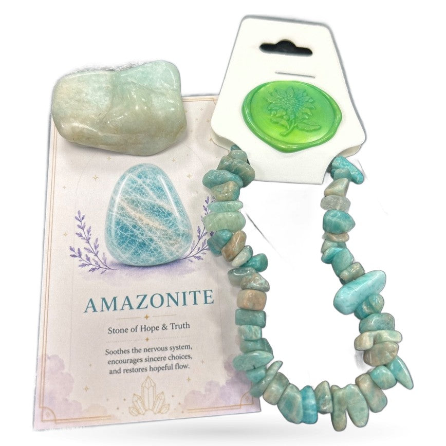 Amazonite tumble stone, chip bracelet, and green wax seal on product card with purple botanical design