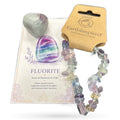 Fluorite tumble stone, chip bracelet, and product card from Earthinspired by Simplyb Crystals