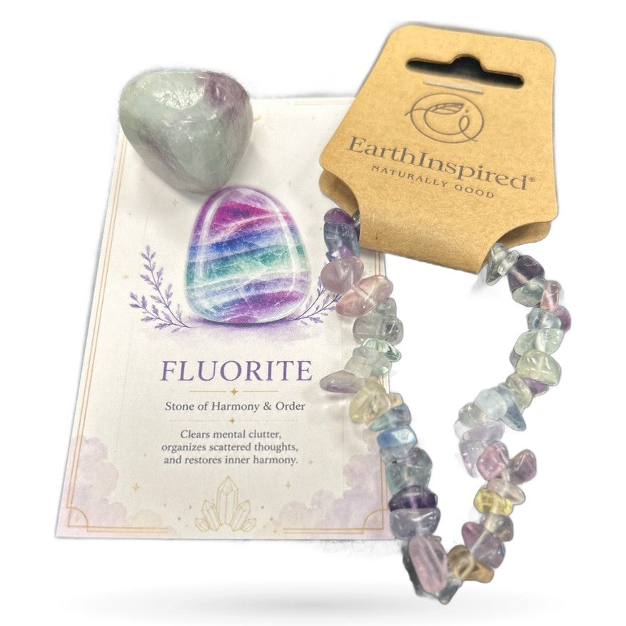 Fluorite tumble stone, chip bracelet, and product card from Earthinspired by Simplyb Crystals