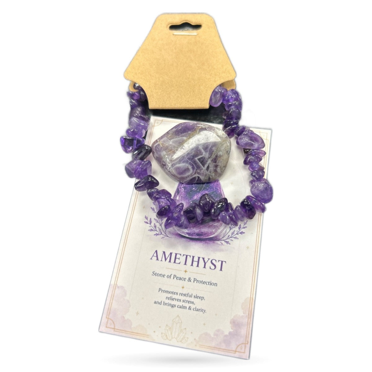 Amethyst tumble stone and purple chip bead bracelet set on branded information card