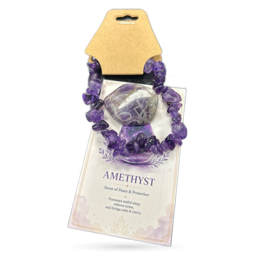Amethyst tumble stone and purple chip bead bracelet set on branded information card