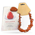 Red Jasper tumbled stone, chip bracelet, and informational card displaying stone properties