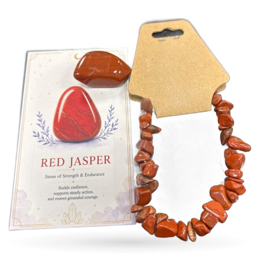 Red Jasper tumbled stone, chip bracelet, and informational card displaying stone properties
