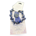 Lapis Lazuli chip bracelet with tumbled stone pendant on informational product card
