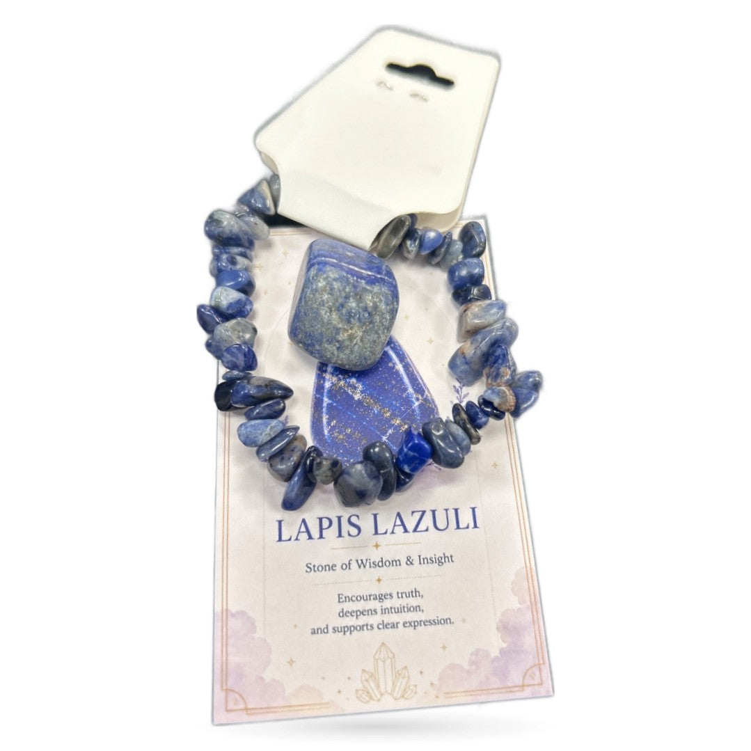 Lapis Lazuli chip bracelet with tumbled stone pendant on informational product card