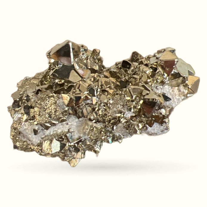 Golden pyrite crystal specimen cluster with cubic formations on white matrix, 182g