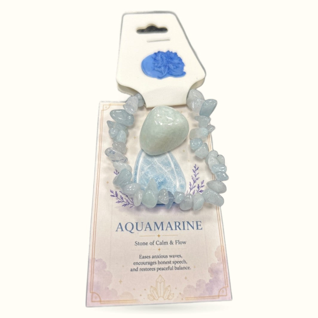 Aquamarine tumble stone with chip bracelet set on decorative product card with blue flower illustration