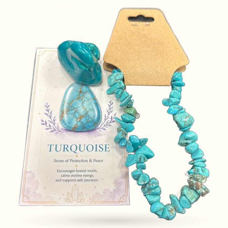 Turquoise tumble stone, chip bracelet, and product card on white background