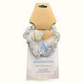 Moonstone tumble and chip bracelet set with cream and blue stones on branded card