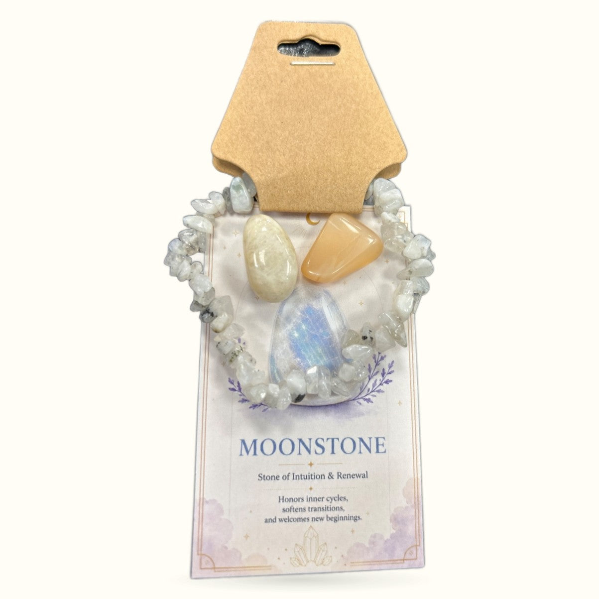Moonstone tumble and chip bracelet set with cream and blue stones on branded card