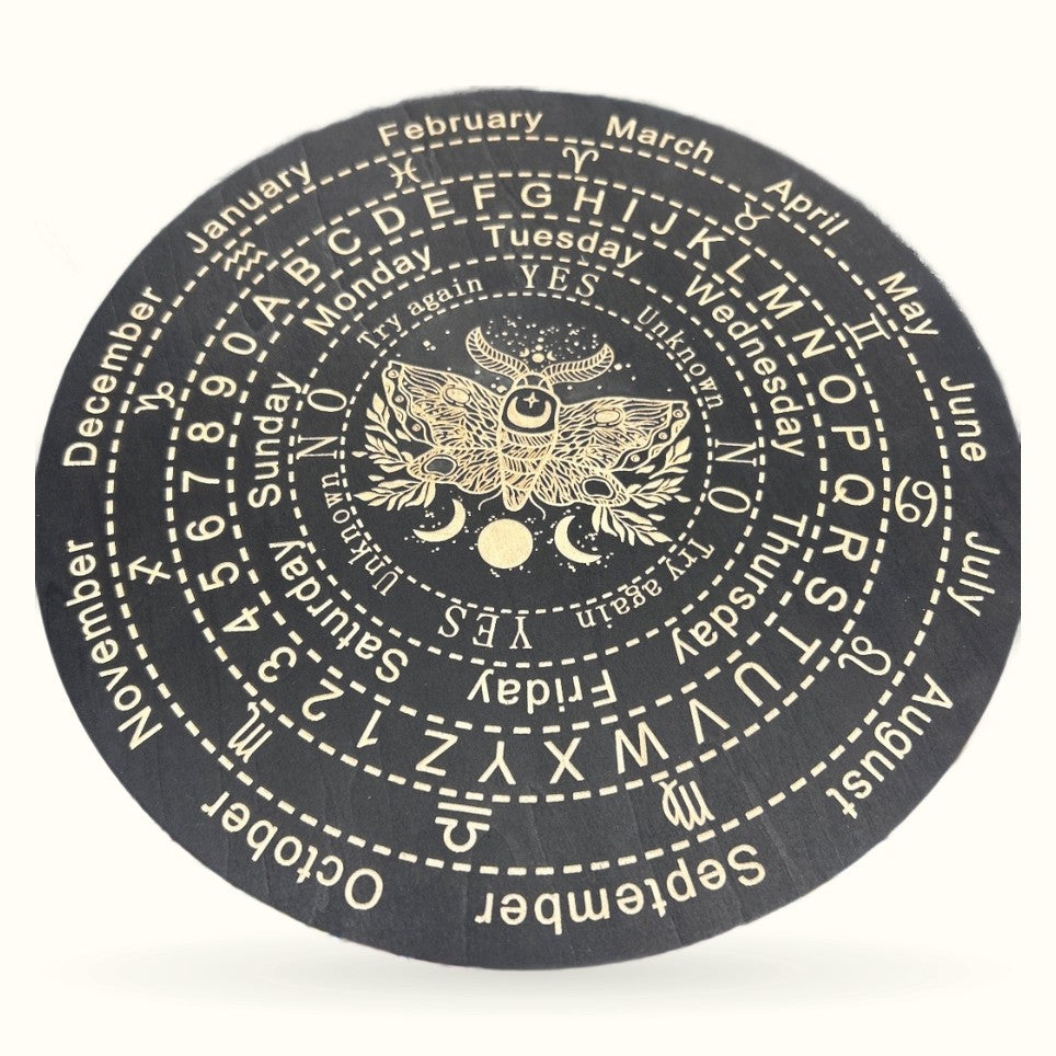 Black circular pagan board with zodiac symbols, moon phases, and eagle emblem in center