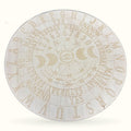 Circular wooden moon phase board with celestial design, days of week, and numbers in beige/tan tones