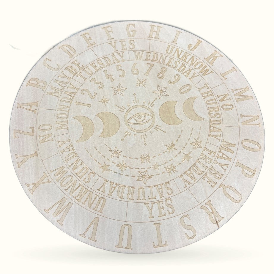 Circular wooden moon phase board with celestial design, days of week, and numbers in beige/tan tones
