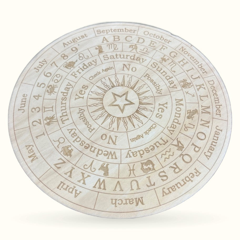 Circular wooden astrology board with zodiac signs, months, days of week, and celestial symbols