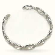 Silver adjustable twist ring with spiraled metal band design on white background