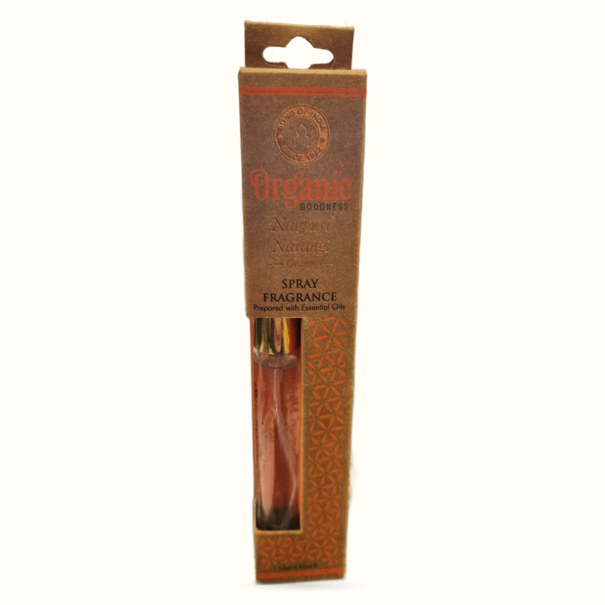 Organic Goodness spray fragrance in brown cardboard box with amber glass bottle and gold spray nozzle