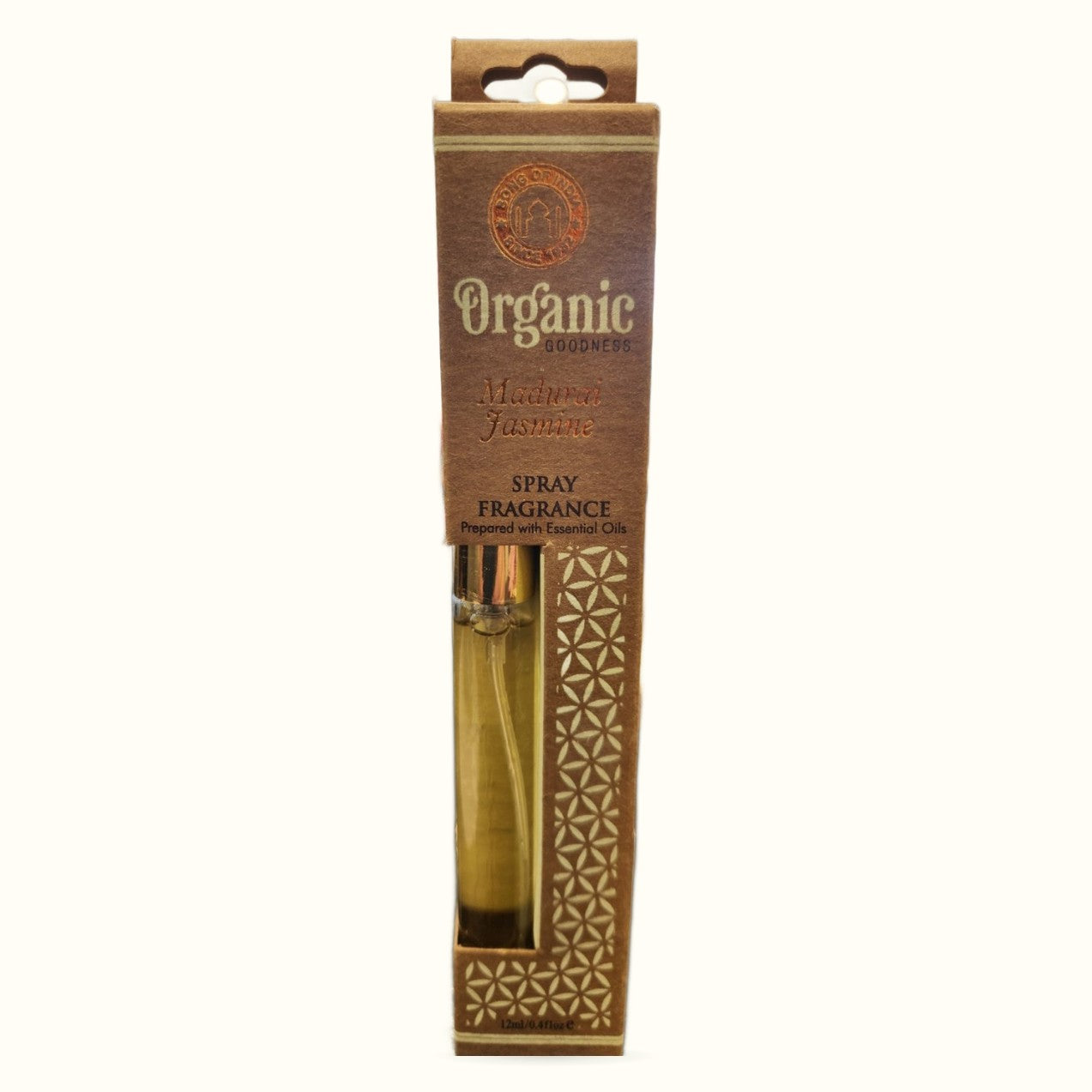 Organic Goodness Madurai Jasmine spray fragrance in brown cardboard packaging with gold accents