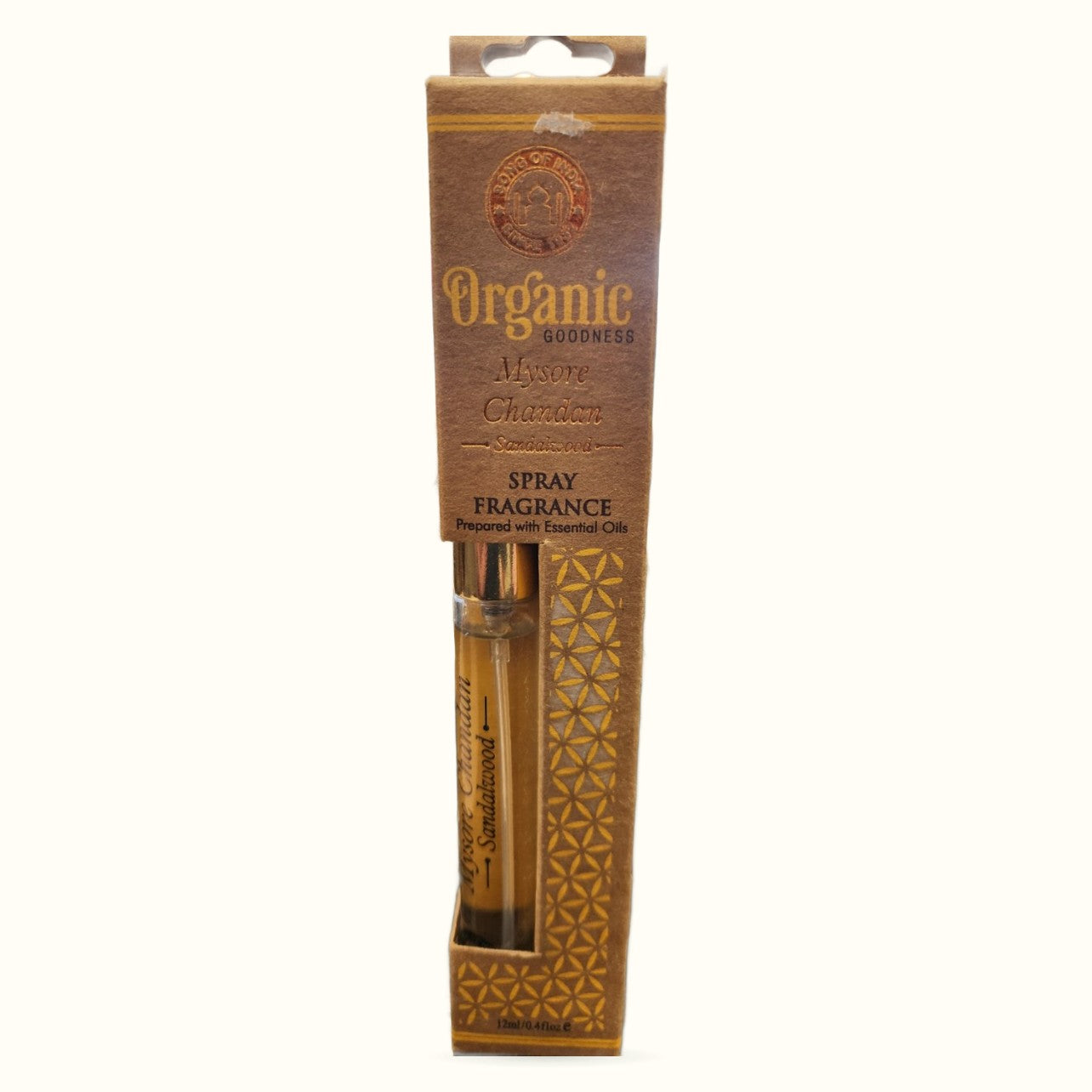 Organic Goodness Mysore Chandana spray fragrance bottle in brown cardboard packaging with geometric patterns
