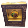 Krishna Musk solid fragrance in ornate navy and gold packaging with decorative sphere visible