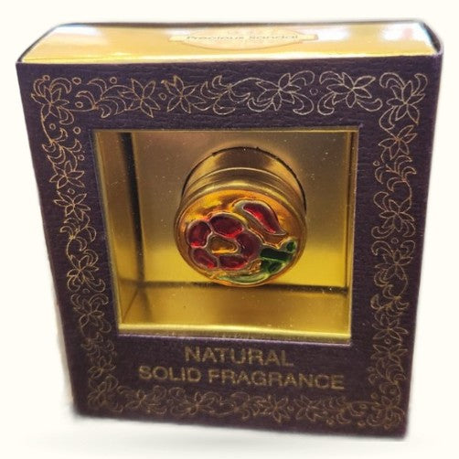Precious Sandel Natural Solid Fragrance in decorative dark box with golden ornamental borders and glass jar