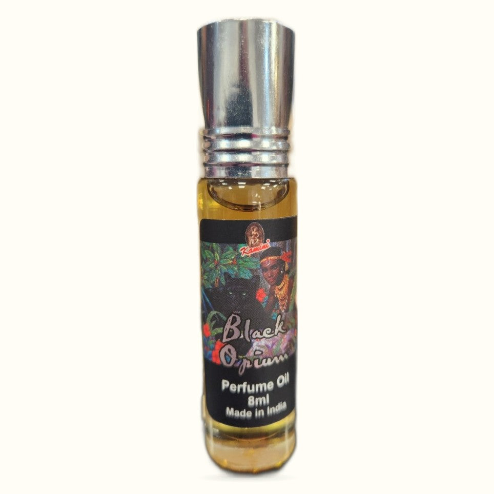 Black Opium Perfume Oil by Kamini in 8ml roll-on bottle with silver cap