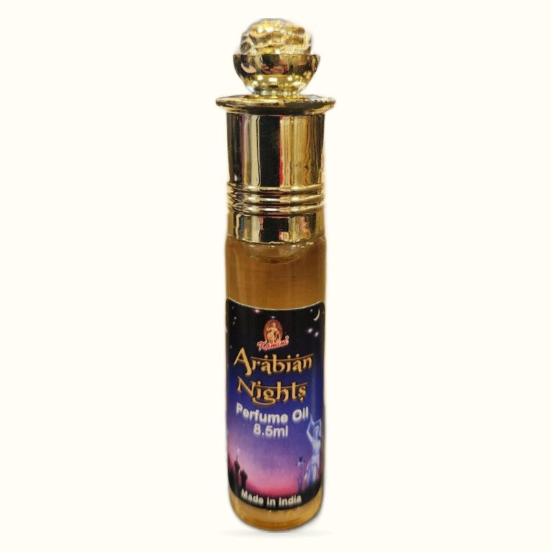 Arabian Nights 8.5ml perfume oil bottle with gold cap and purple sunset label
